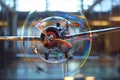 Model airplane rotating inside soap bubble with rainbow colors Royalty Free Stock Photo