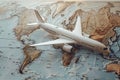 a model airplane is sitting on top of a map of the world Royalty Free Stock Photo