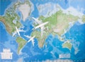 Model airplanes flying in different direction over world map Royalty Free Stock Photo