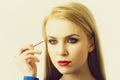 Model applying eye shadow with makeup brush Royalty Free Stock Photo