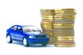 Model of blue car and coins on a white background Royalty Free Stock Photo