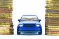 Model of blue car and coins on a white background Royalty Free Stock Photo