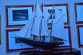 Model boat with sails. Antique boat in the museum