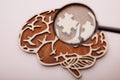 Model of brain and wooden puzzles with magnifier, search a solutions Royalty Free Stock Photo