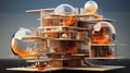 A model of a building with glass balls and metal rods