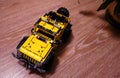 Assembling a toy constructor by a child. Colorful construction kit for boys and children