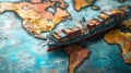 Model Cargo Ship on a Colorful World Map Royalty Free Stock Photo