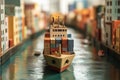 Model cargo ship navigating canal with colorful buildings Royalty Free Stock Photo