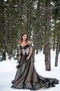 Model cosplay Snow Queen outdoor in winter pine forest Royalty Free Stock Photo