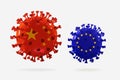 Model of COVID-19 coronavirus colored in national China and EU flags, concept of pandemic spreading