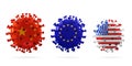 Model of COVID-19 coronavirus colored in national China, EU and USA flag, concept of pandemic spreading