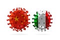 Model of COVID-19 coronavirus colored in national China and Italy flag, concept of pandemic spreading