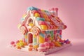 Model of a delicious sweet house made from chewing candies and lollipops. An appetizing dessert for a child for a holiday or