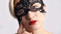 Beautiful Girl Wearing A Venetian Masquerade Mask And Red Lipstick Fancy Costume