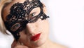 Beautiful Girl Wearing A Venetian Masquerade Mask And Red Lipstick Fancy Costume