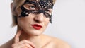 Beautiful Girl Wearing A Venetian Masquerade Mask And Red Lipstick Fancy Costume