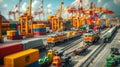 Model of dynamic container terminal of port is filled with many colorful containers, large cranes, vehicles.