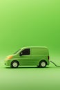 Model Electric Van Charging With Power Cable Against Green Studio Background