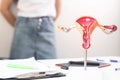 A model of the female reproductive system in the background is a girl in a doctor s office with irregular periods. The concept of