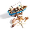 Model fishing boat with shells and starfishes on the white background Royalty Free Stock Photo