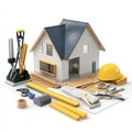 New House Construction: Tools and Blueprint on White Background Royalty Free Stock Photo