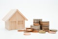 Model house, coins stack on white background for money saving concept