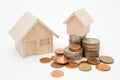 Model house, coins stack on white background for money saving concept