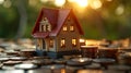 Model house on coins at sunset - generative ai Royalty Free Stock Photo