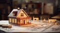 model house, financial charts and home blueprints blurred in the background, symbolizing real estate investment Royalty Free Stock Photo