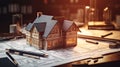 model house, financial charts and home blueprints blurred in the background, symbolizing real estate investment Royalty Free Stock Photo