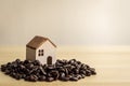 Model of a house on a pile of coffee beans brown background