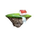 Model house in round soil ground cross section with earth land and green grass. fantasy floating island natural isolated on white Royalty Free Stock Photo