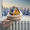 Model House Wrapped in a Warm Woolen Scarf on Radiator - Generative Ai