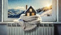 Model House Wrapped in a Warm Woolen Scarf on Radiator - Generative Ai Royalty Free Stock Photo