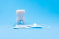 Model of a human tooth molar together with a dental mirror and a protective mask on a blue background. Dentistry Concept
