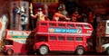 Model of iconic vintage red double decker London bus with slogan 'Best of British' on the side. Royalty Free Stock Photo