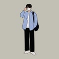 Faceless Korean Boy Wearing Mask and Blue Shirt, Casual Young Man Illustration with Mask and Bag Royalty Free Stock Photo
