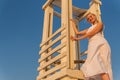 Model tower life paradise lifeguard sunrise beach ocean rescue guard, from tourism swimming in shore for holiday save Royalty Free Stock Photo