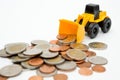 Model loader, coins stack on white background for money saving concept