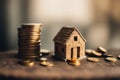 Model of miniature houses made of wood and gold coins. Generative AI Royalty Free Stock Photo