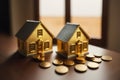 Model of miniature houses made of wood and gold coins. Generative AI Royalty Free Stock Photo