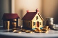 Model of miniature houses made of wood and gold coins. Generative AI Royalty Free Stock Photo