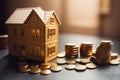 Model of miniature houses made of wood and gold coins. Generative AI Royalty Free Stock Photo