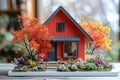 Model of miniature red house in the form of a plastic toy figure, with flower beds near the house