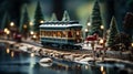 Model Miniature Trolley Train Set and Snowy Christmas Decorated Town Setting. Generative AI