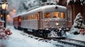 Holiday Train on a track in a Snowy Christmas Decorated Town Setting. Generative AI Royalty Free Stock Photo