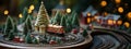 Model Train Set and Snowy Christmas Decorated Town Setting. Generative AI Royalty Free Stock Photo