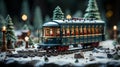 Model Miniature Trolley Train Set and Snowy Christmas Decorated Town Setting. Generative AI