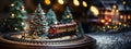 Model Miniature Trolley Train Set and Snowy Christmas Decorated Town Setting. Generative AI Royalty Free Stock Photo