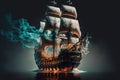 model of a pirate ship with water and fog Royalty Free Stock Photo
